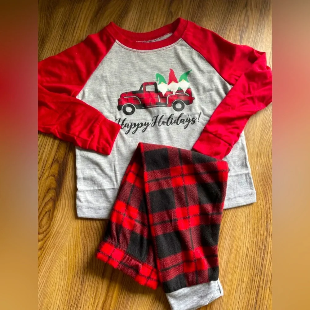 Toddler Gnome Christmas Red Plaid Farmhouse Truck Pajamas Sz 3T NEW
